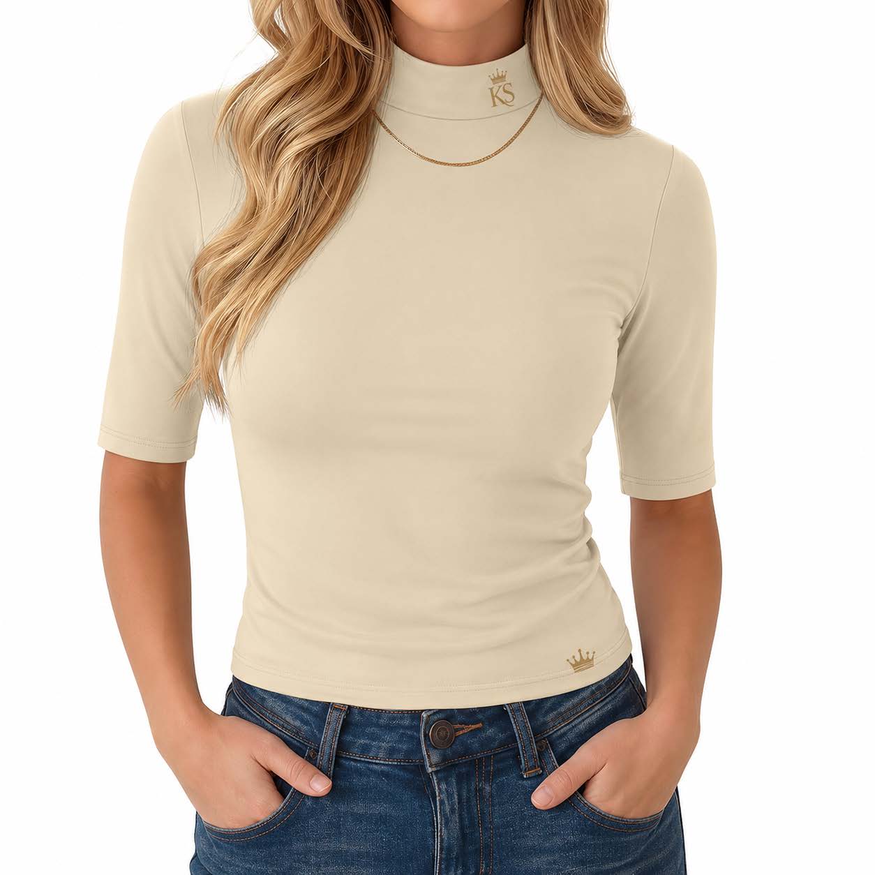 Kingdom Collection · Mock Neck Top (Mujer) — Beige